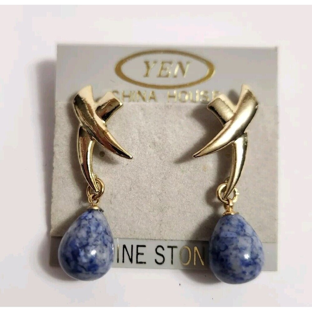 Vtg NEW! YEN China House Genuine Stone Gold-toned Xs With Dangling Blue Marble
